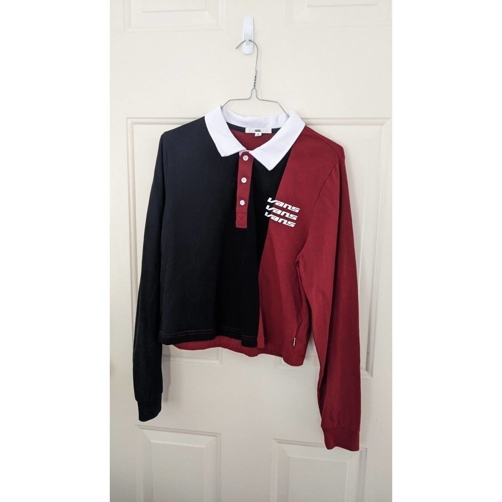 Vans Superspeedee Crop Polo Shirt Medium Juniors Spellout Red Black Longsleeve